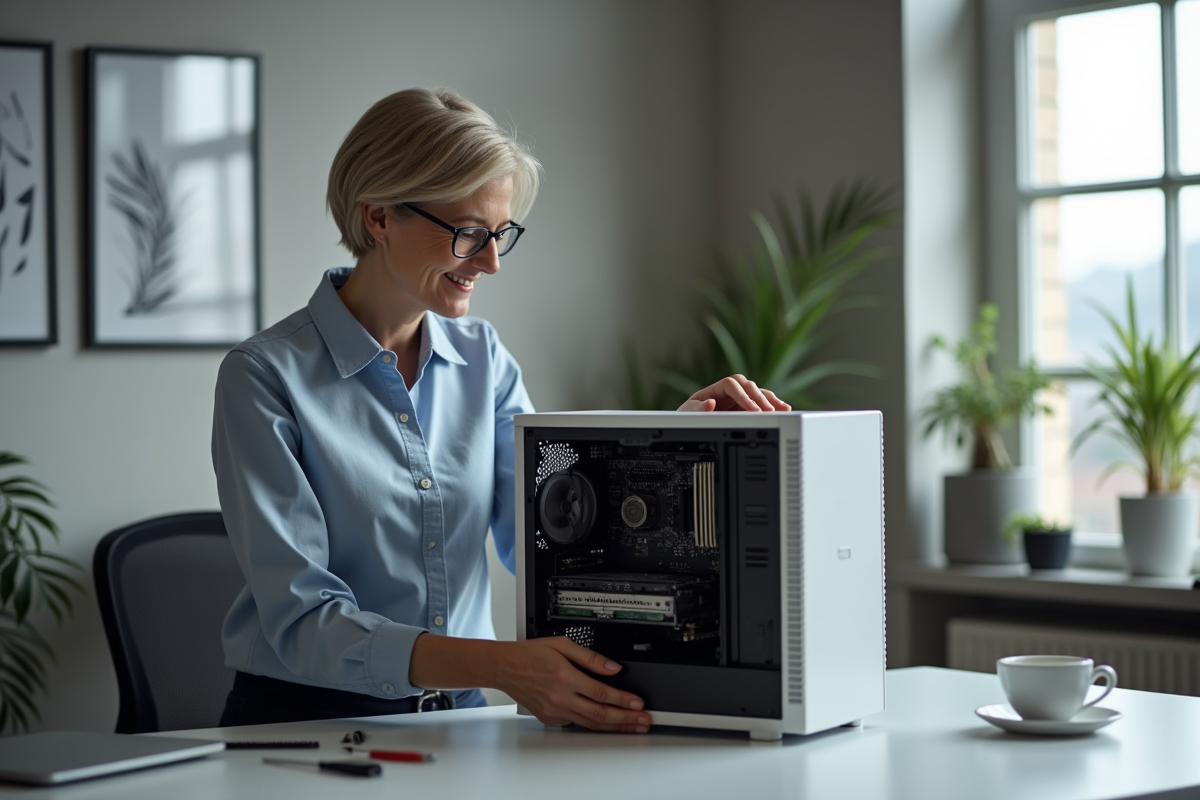 Femme examinant un ordinateur de bureau ouvert dans un bureau