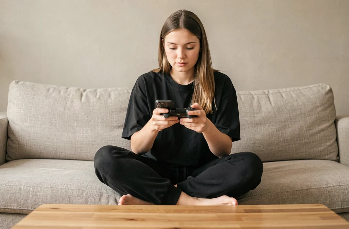 Jeune femme jouant sur un Samsung Galaxy avec une manette clip dans un salon moderne lors d'une session de gaming décontractée