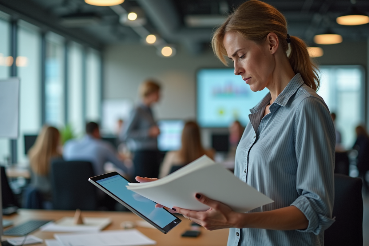 Femme au bureau hésitant devant une tablette tactile
