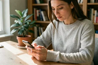 Jeune femme tapant un message WhatsApp en italique sur son smartphone dans un bureau à domicile