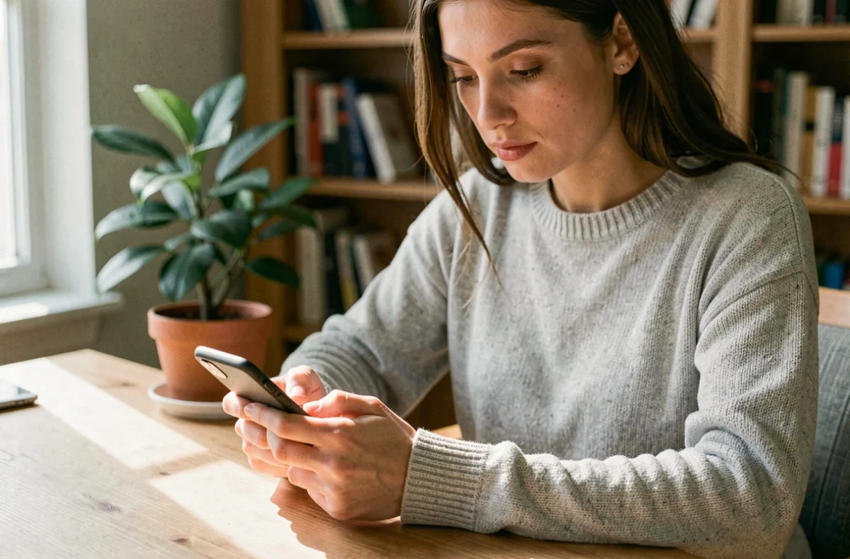 Jeune femme tapant un message WhatsApp en italique sur son smartphone dans un bureau à domicile