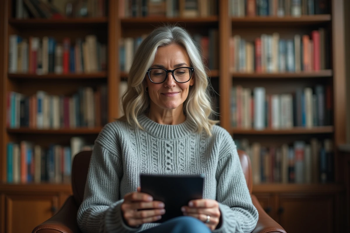 Femme lisant un livre numérique Kindle entourée de bibliothèques remplies de livres papier dans un salon chaleureux