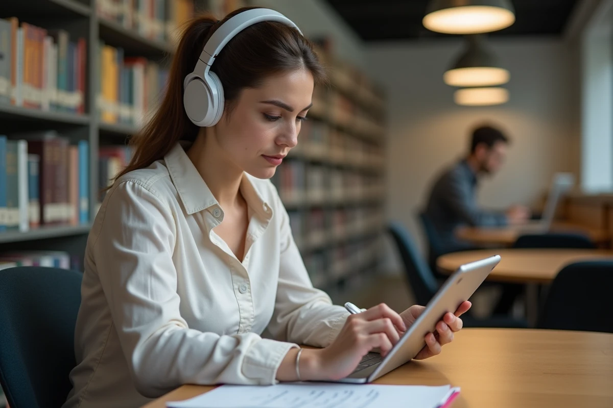 Femme dans une bibliothèque avec tablette et casque pour convertir des fichiers audio