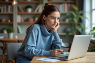 Femme pensant avec sa carte bancaire à la maison