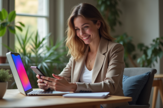 Jeune femme souriante utilisant son smartphone au bureau