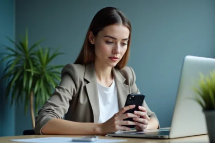 Jeune femme professionnelle utilisant son smartphone et son ordinateur