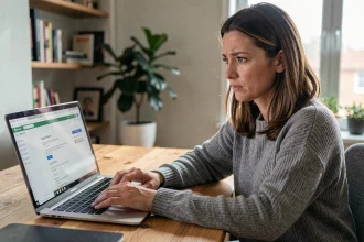 Femme consultant les paramètres de confidentialité Google sur son ordinateur portable à domicile pour désactiver l'historique de navigation
