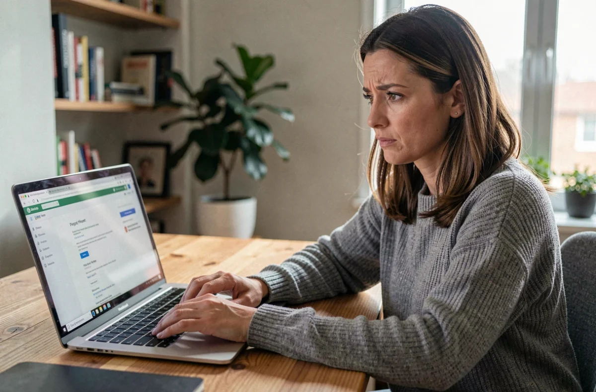 Femme consultant les paramètres de confidentialité Google sur son ordinateur portable à domicile pour désactiver l'historique de navigation