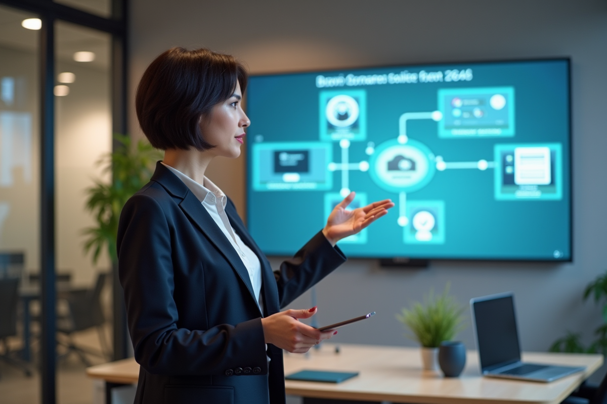 Femme confiante expliquant un diagramme d