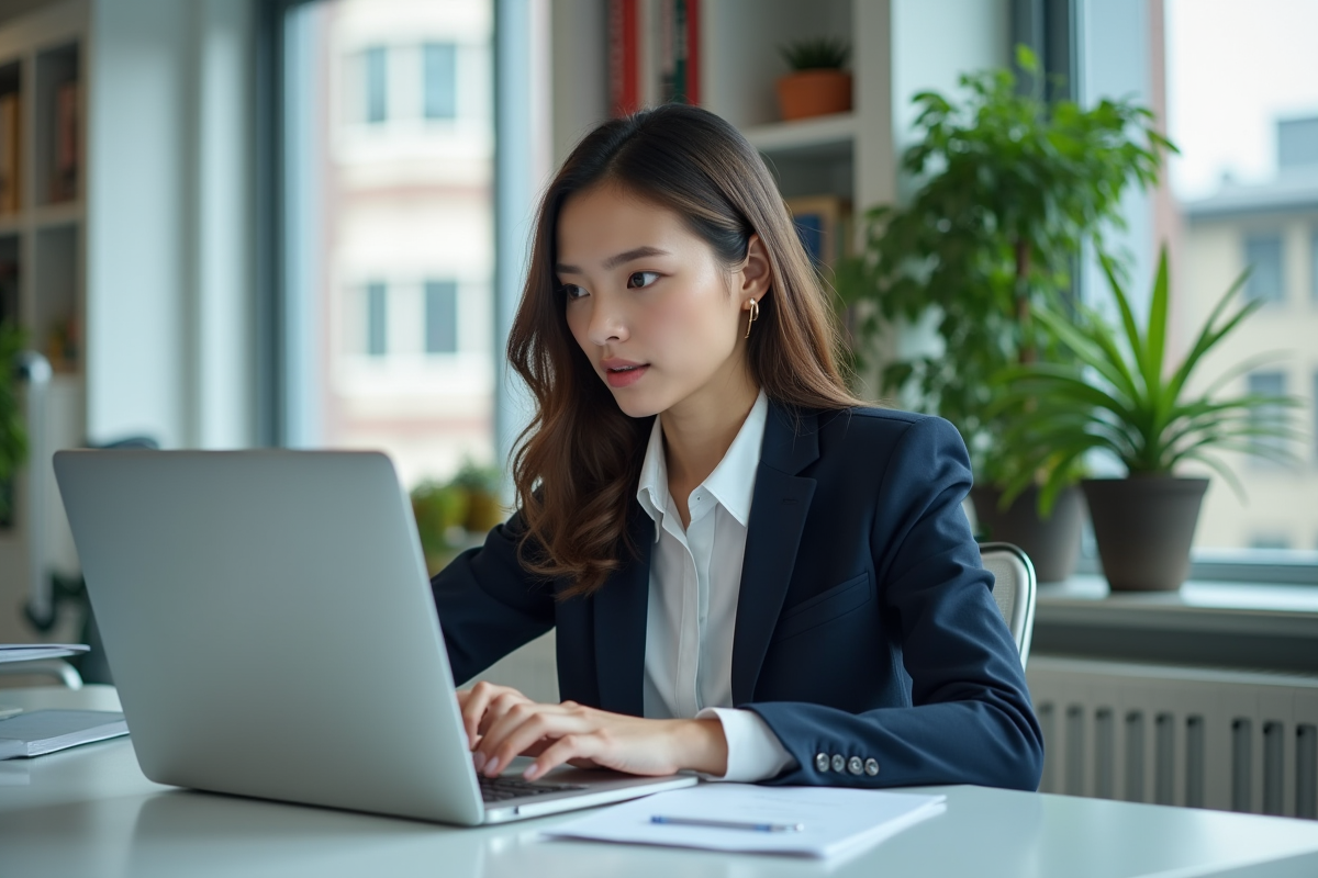 Jeune femme professionnelle travaillant sur son ordinateur dans un bureau moderne
