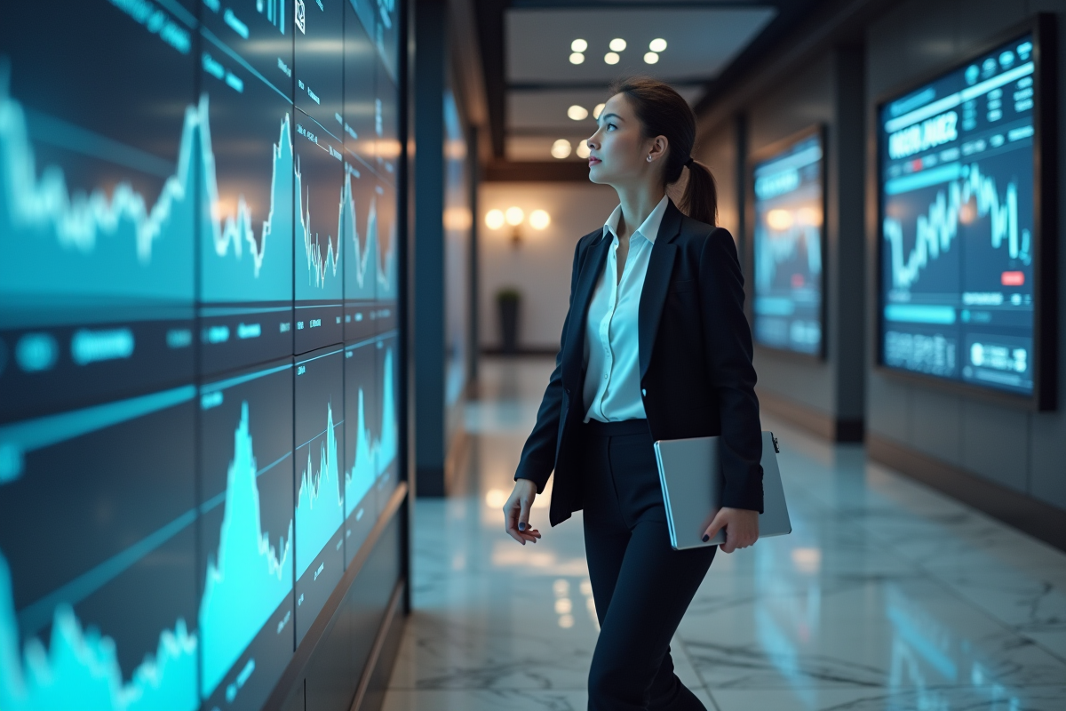 Jeune femme professionnelle passant devant des écrans boursiers dans un lobby