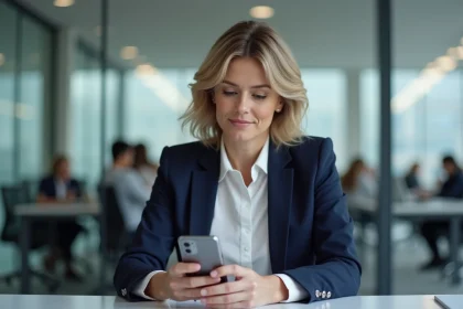 Femme professionnelle utilisant un Google Pixel 8 Pro dans un bureau en open-space moderne