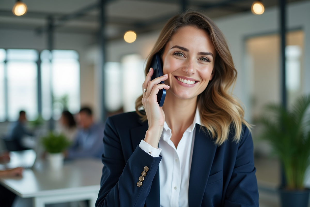 Femme professionnelle souriante parlant au smartphone dans un bureau moderne