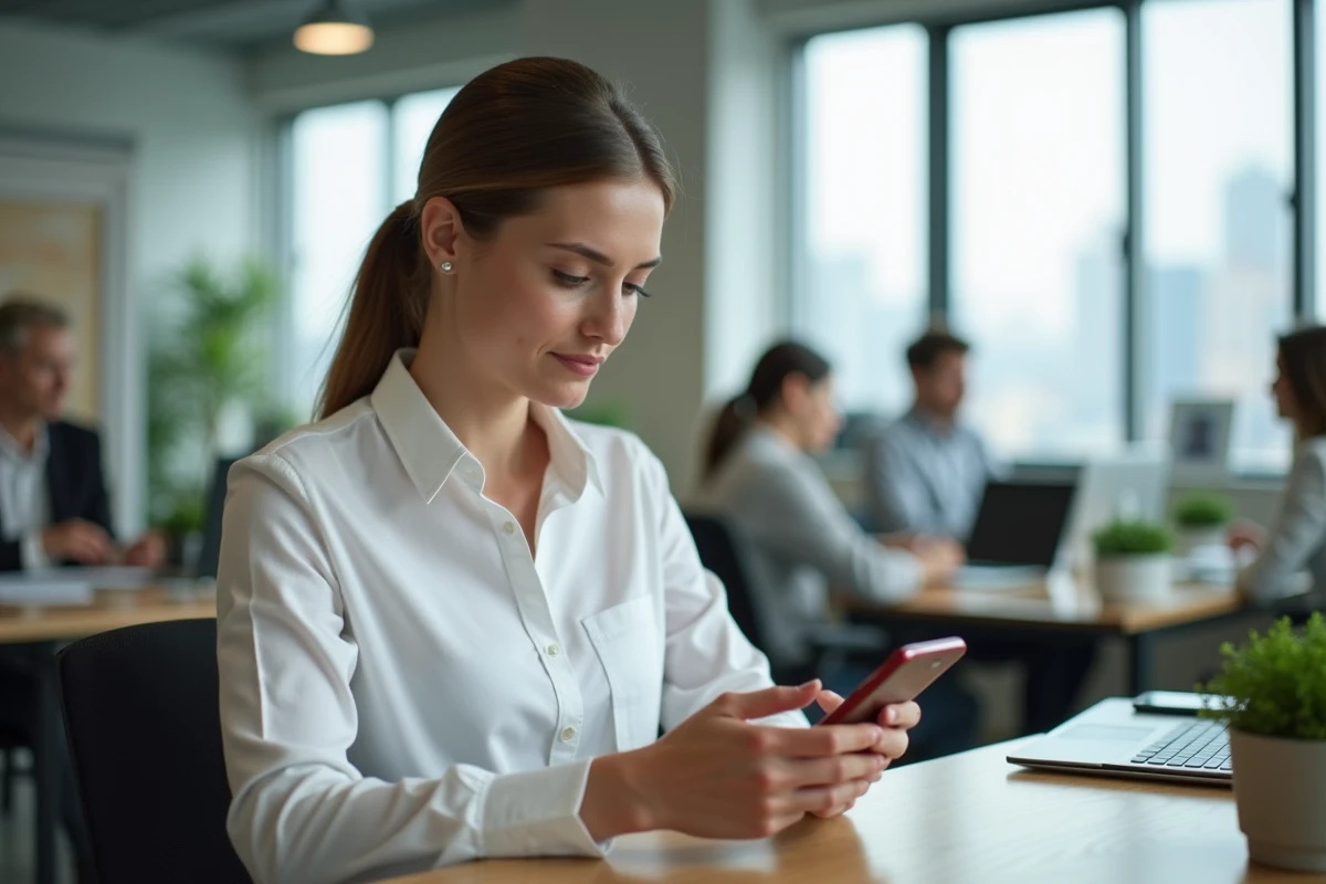 Femme professionnelle surlignant un message WhatsApp sur smartphone dans un bureau moderne