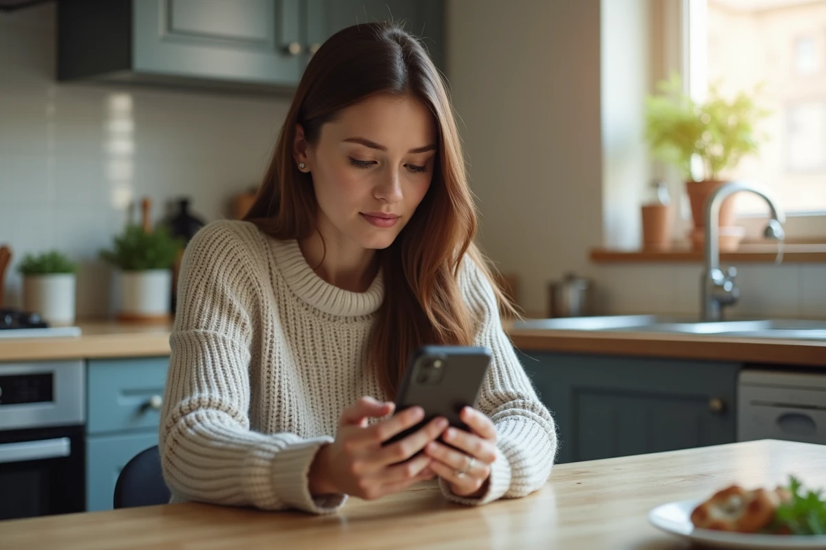 Jeune femme utilisant son smartphone dans la cuisine