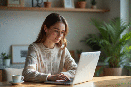 Femme assise à un bureau moderne consulte son profil social