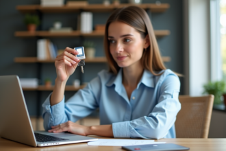 Jeune femme avec clé de sécurité portable dans un bureau moderne