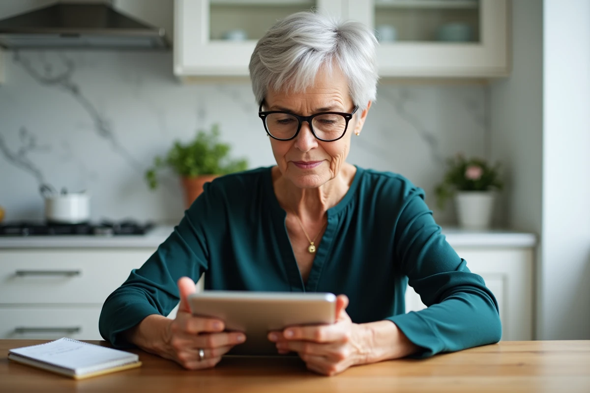 Femme âgée avec lunettes utilisant une tablette dans une cuisine moderne pour gérer la suppression de son compte Microsoft