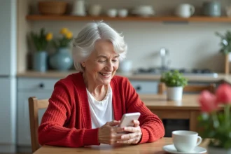 Femme senior souriante avec téléphone rouge dans la cuisine