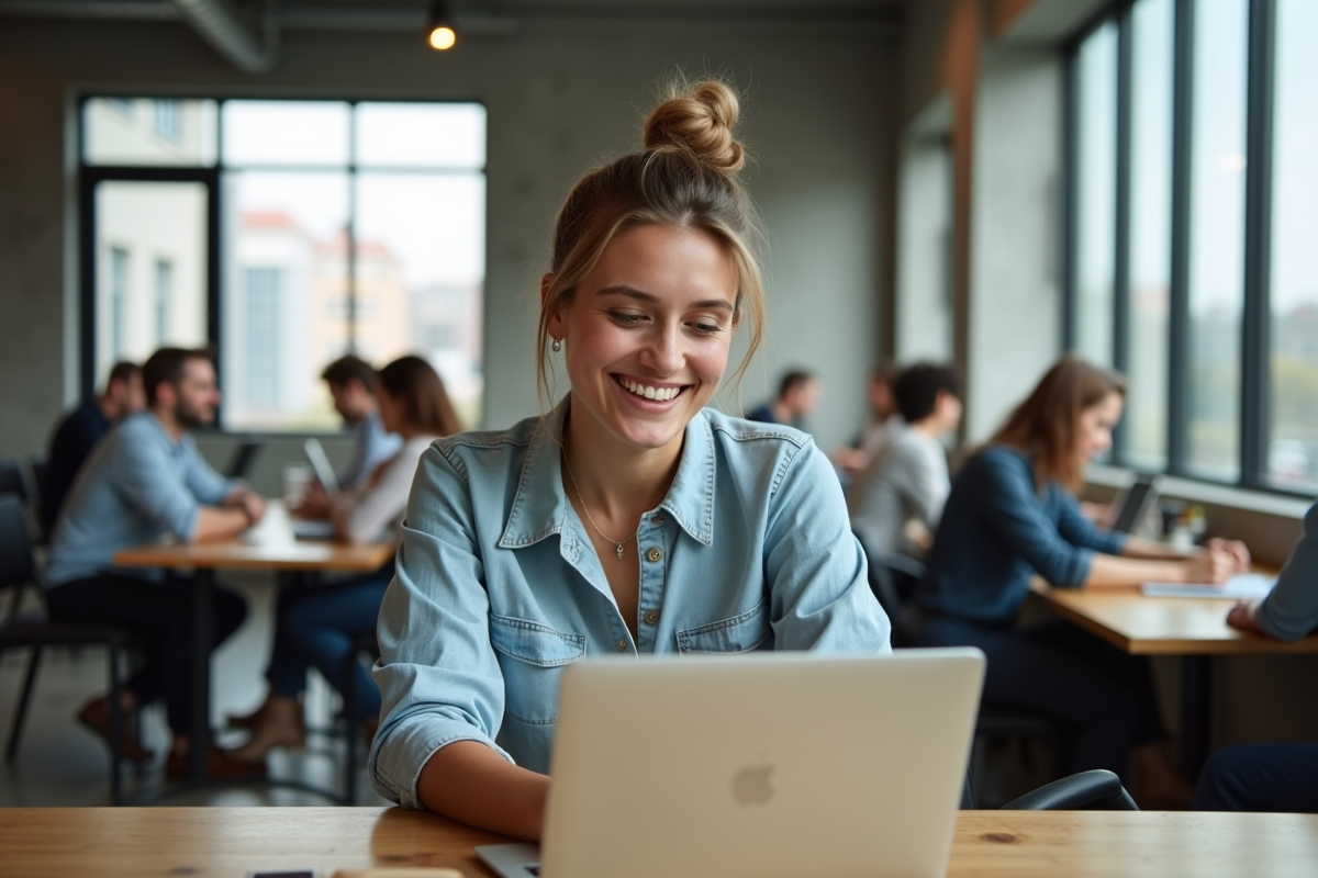 Femme souriante vérifiant son smartphone dans un espace de coworking
