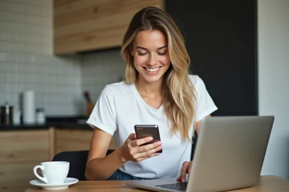 Jeune femme souriante utilisant son smartphone à la cuisine