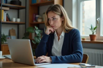 Femme consultant les étapes de suppression de son compte Microsoft sur un ordinateur portable dans un bureau à domicile