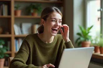 Femme surprise devant son ordinateur portable découvrant l'effet Do a Barrel Roll sur Google