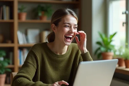 Femme surprise devant son ordinateur portable découvrant l'effet Do a Barrel Roll sur Google
