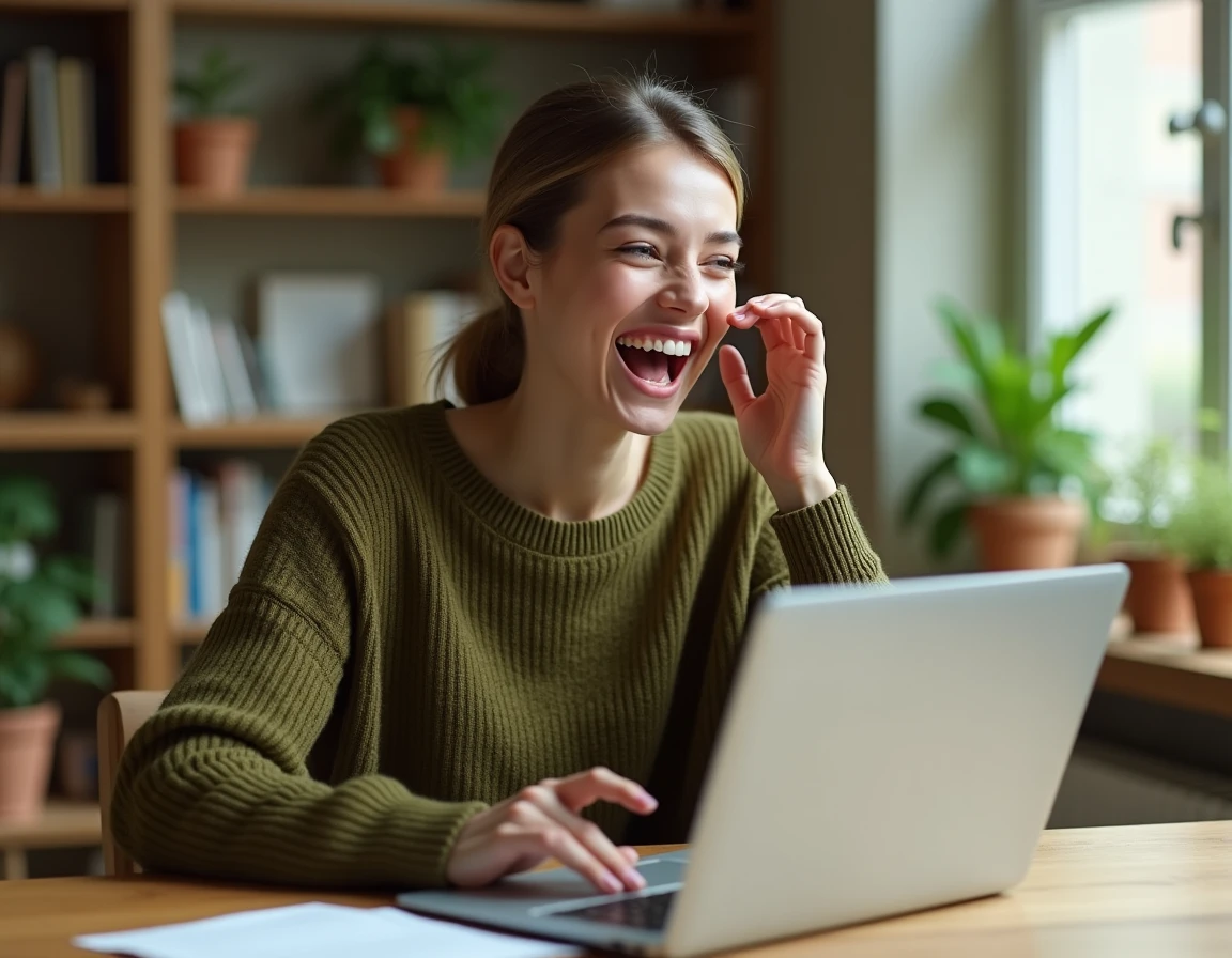 Femme surprise devant son ordinateur portable découvrant l'effet Do a Barrel Roll sur Google