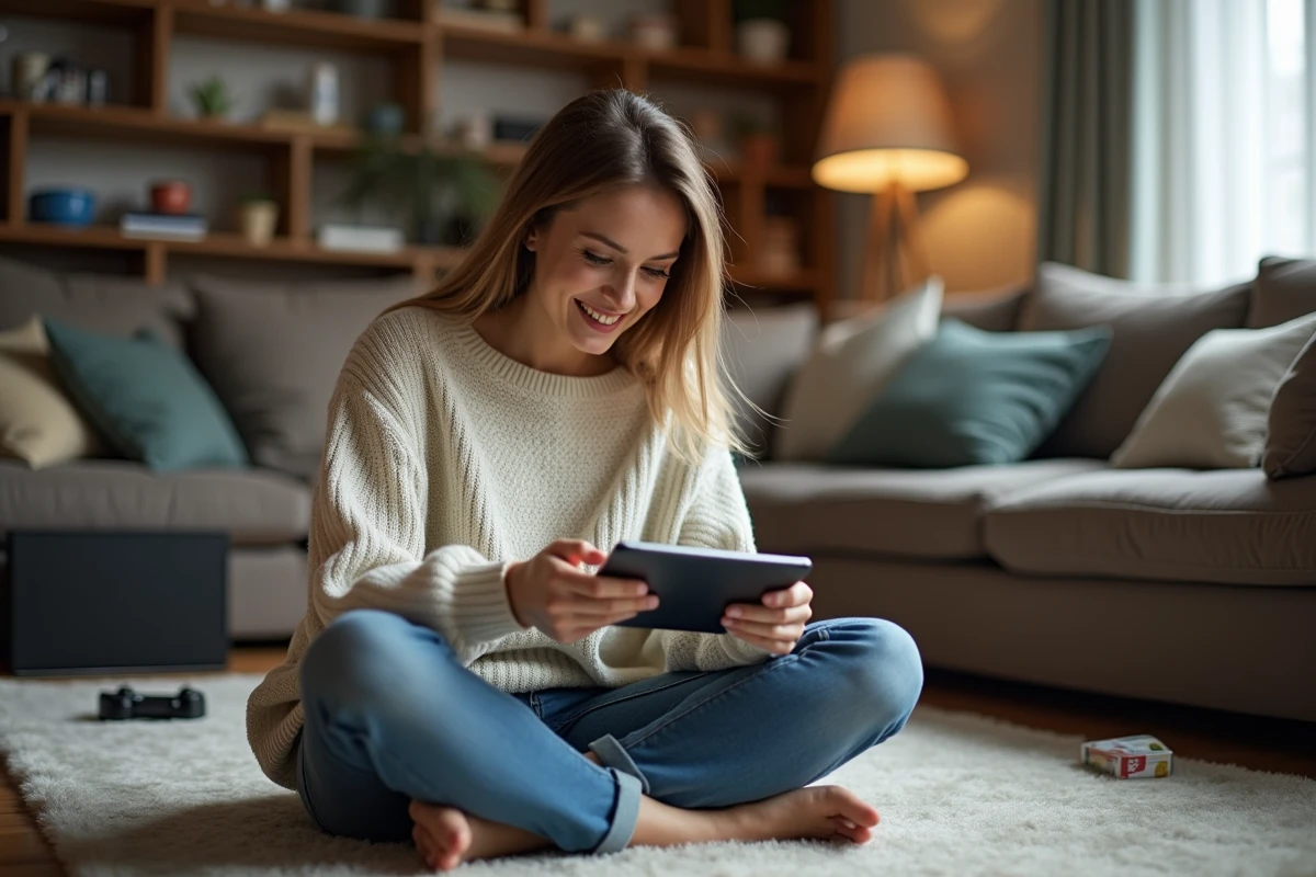 Femme assise sur un tapis avec sa tablette dans le salon