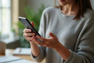 Femme tenant un iPhone 15 Plus dans ses mains pour en évaluer la taille par rapport à sa paume