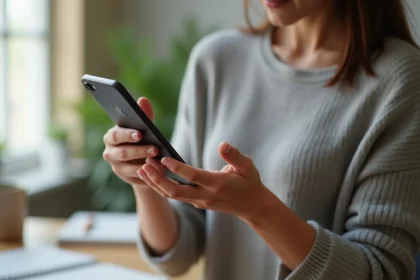Femme tenant un iPhone 15 Plus dans ses mains pour en évaluer la taille par rapport à sa paume