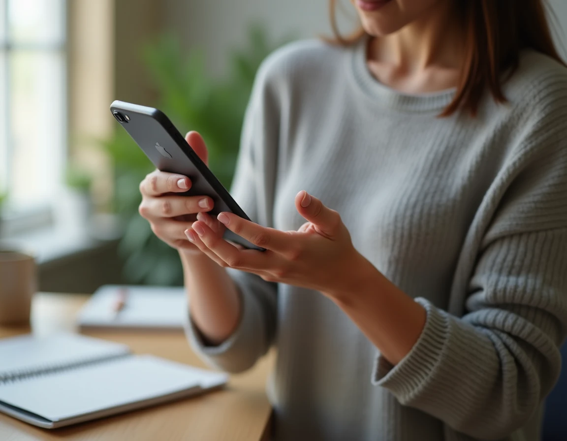Femme tenant un iPhone 15 Plus dans ses mains pour en évaluer la taille par rapport à sa paume