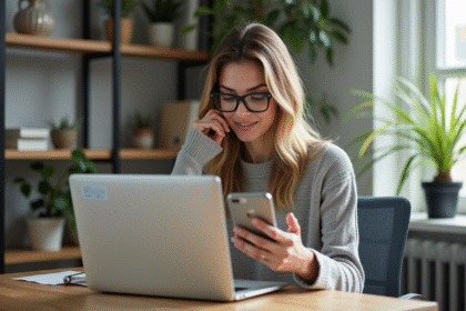Femme travaillant sur son ordinateur dans un bureau lumineux