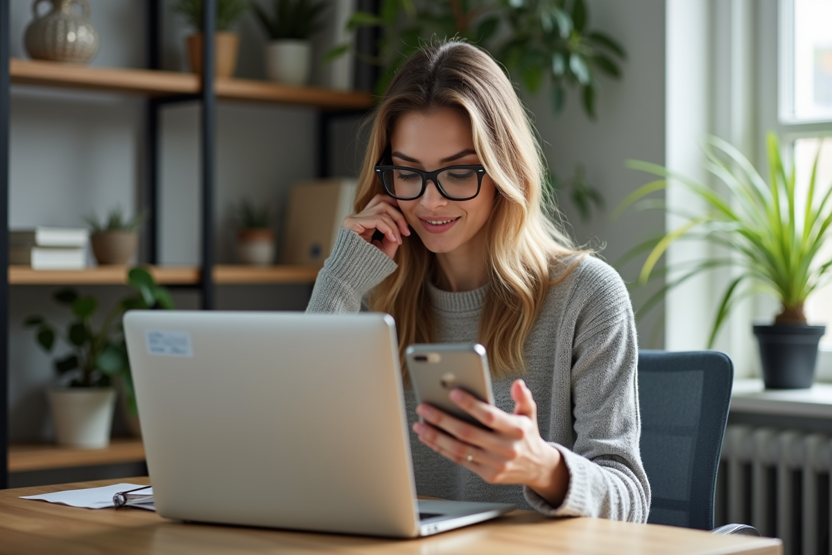 Femme travaillant sur son ordinateur dans un bureau lumineux