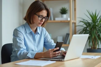 Femme d'âge moyen au bureau à domicile concentrée sur son smartphone