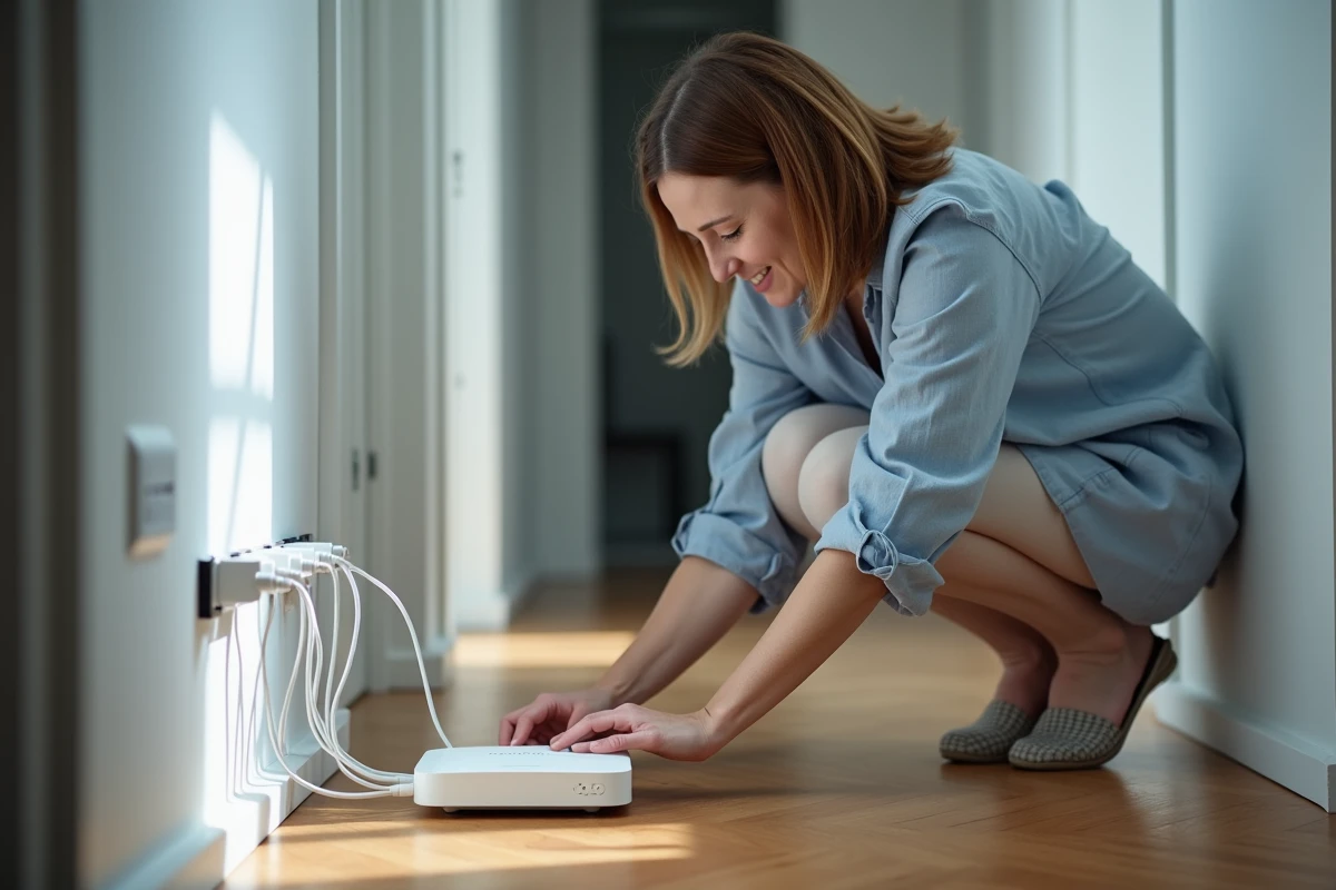 Femme inspectant les câbles d'une box fibre optique SFR branchée dans une prise murale d'appartement