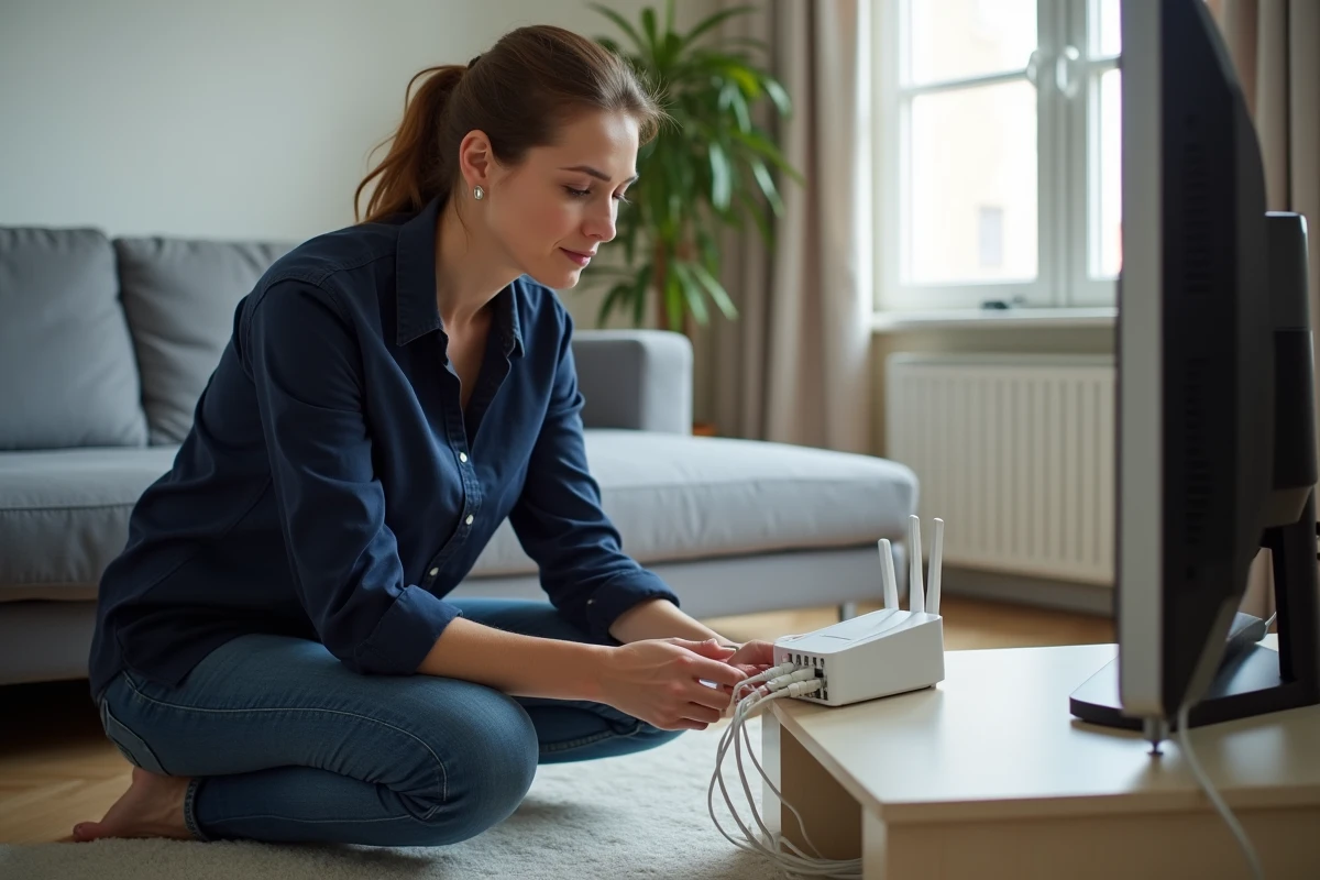 Femme vérifiant les câbles ethernet branchés sur une Freebox pour résoudre un problème de connexion internet lente dans un salon