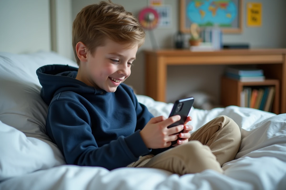 Adolescent jouant à un jeu de course dans sa chambre