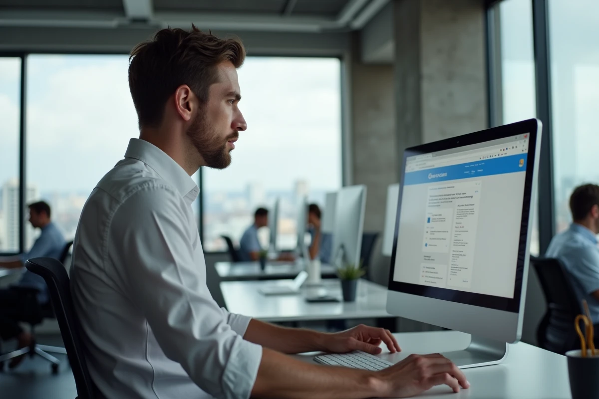 Homme gérant l'historique d'activité Google sur un ordinateur de bureau en open space professionnel