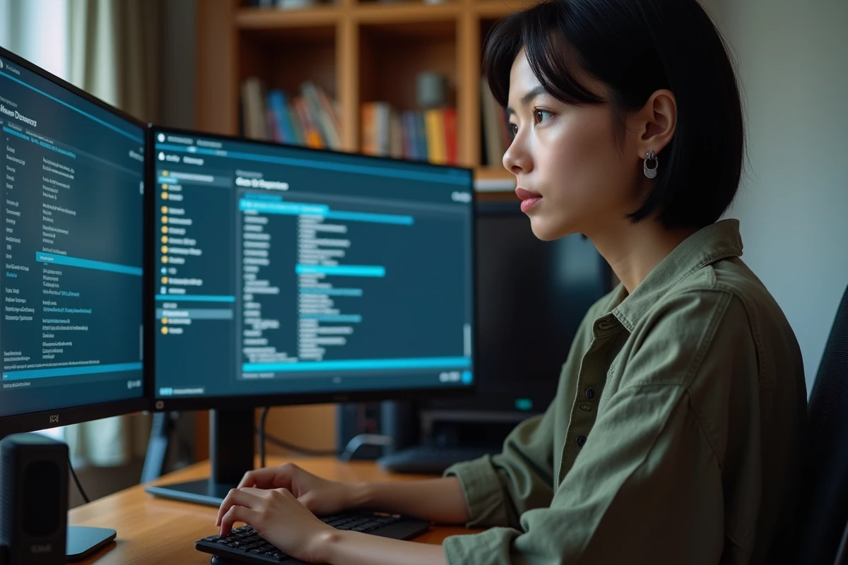 Femme gérant les drivers de GPU sur un logiciel de gestion de pilotes devant son PC de bureau