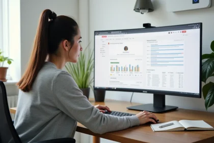 Femme gérant plusieurs comptes Google simultanément sur un écran ultrawide dans un bureau à domicile moderne
