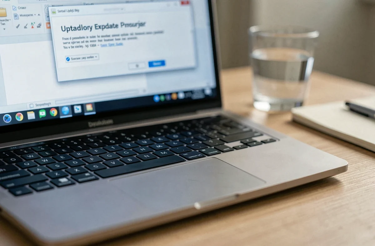 Gros plan sur un clavier d'ordinateur portable avec une fenêtre d'erreur de mise à jour OpenOffice en arrière-plan