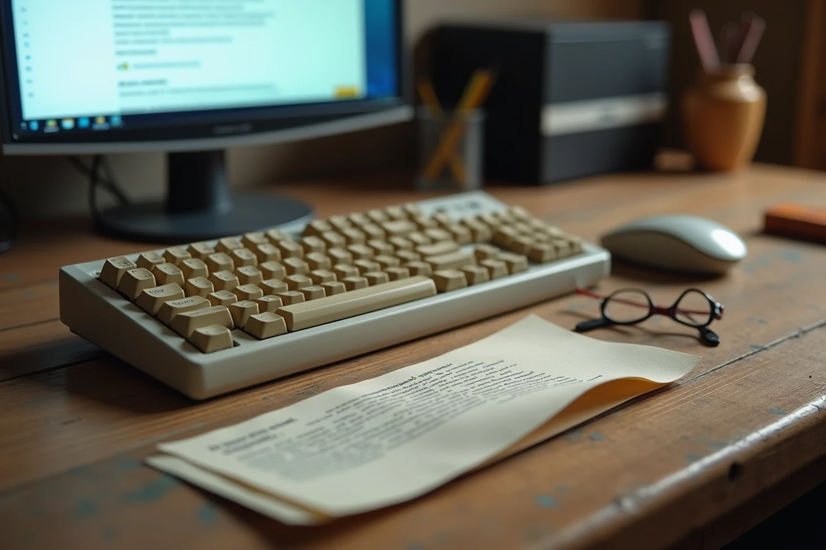 Gros plan sur un clavier d'ordinateur ancien, une souris et une lettre imprimée mentionnant une adresse email aliceadsl.fr sur un bureau en bois usé