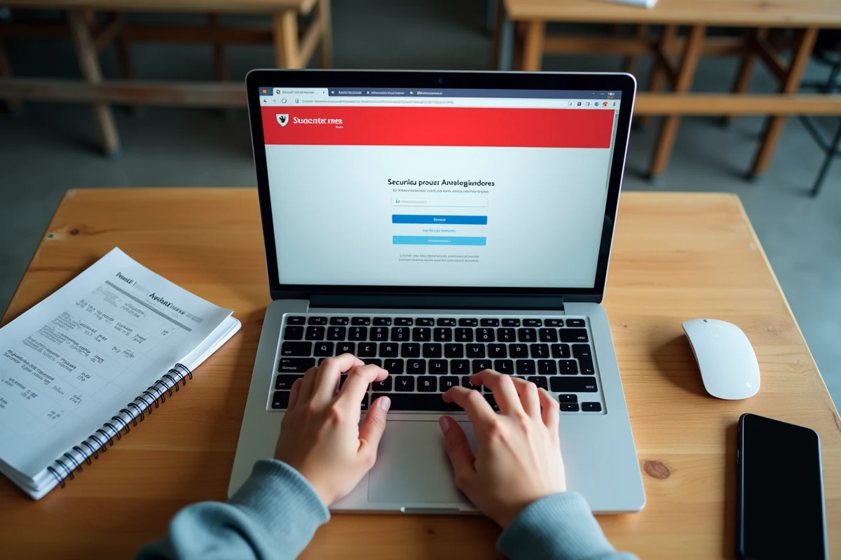 Gros plan sur un ordinateur portable affichant une erreur de sécurité sur le webmail ac-normandie, posé sur une table de lycée