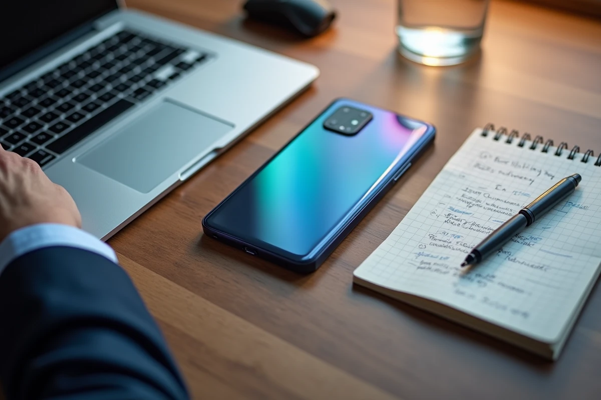 Gros plan sur un Google Pixel 8 Pro posé sur un bureau professionnel avec accessoires de travail