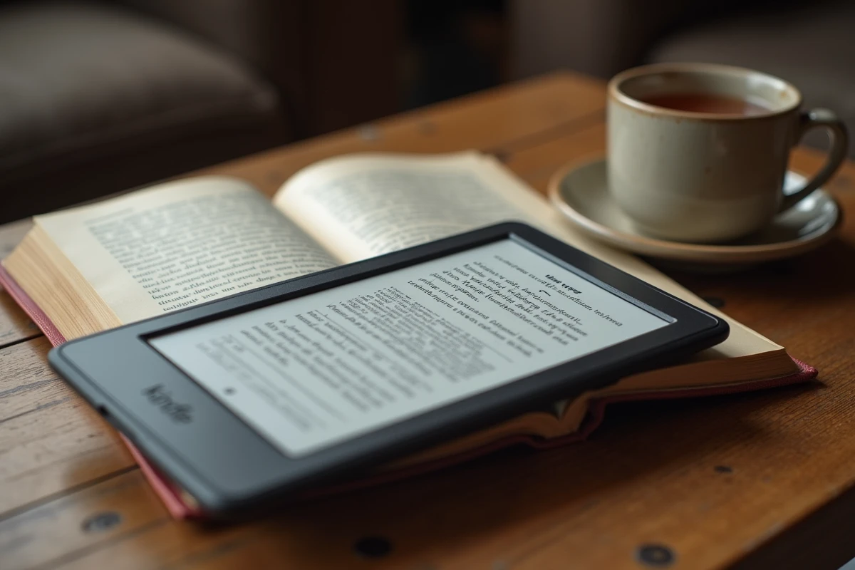 Gros plan d'une liseuse Kindle et d'un livre de poche usé posés ensemble sur une table basse en bois, symbolisant la transition du papier au numérique