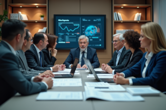 Groupe d'employes en réunion dans un bureau moderne