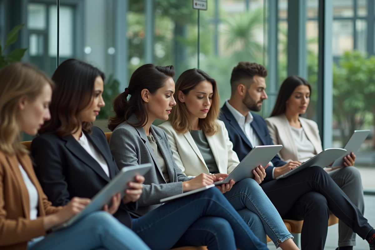 Groupe d adultes en coworking lors d un séminaire en ligne