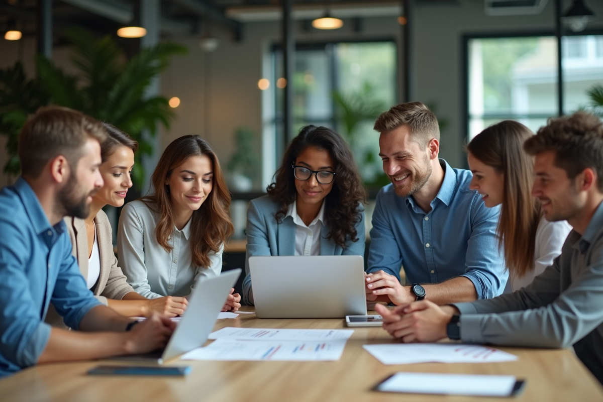 Groupe de six adultes divers en réunion de travail